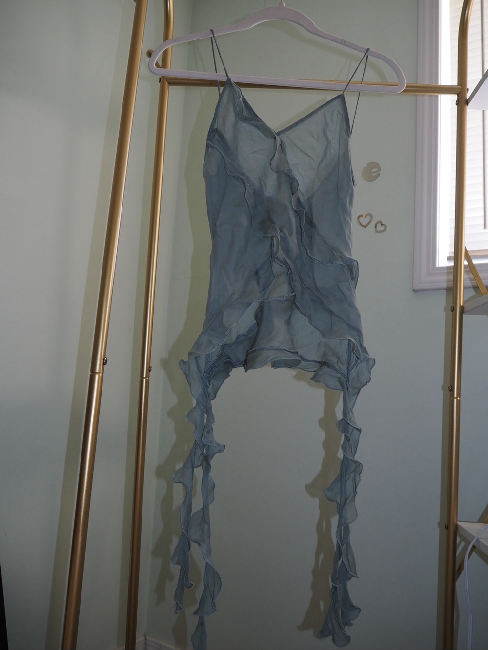 ZARA Sage Dusty Blue Green Semi Sheer Ruffle Tiered Asymmetric Cami Top - XS